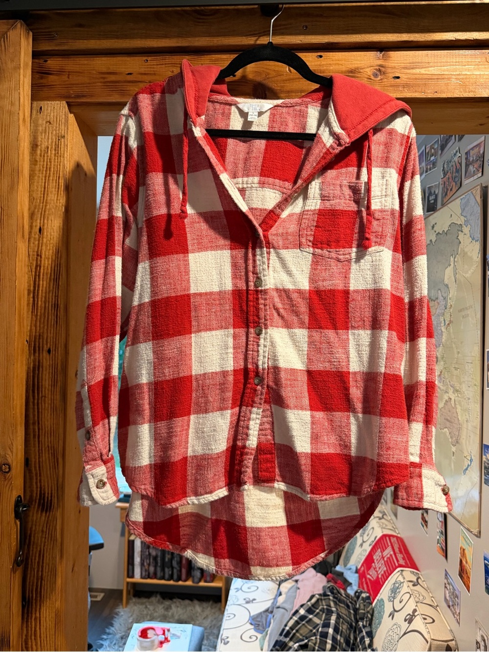 Time and Tru Red and White Plaid Hooded Button-Front Shirt